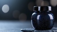 Glass jar filled with black caviar on dark background with bokeh lights, luxury gourmet food close-up with selective focus and copy space for text.