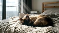 Tabby cat relaxing on cozy bed with warm blanket and coffee mug by window in modern bedroom interior design setting.
