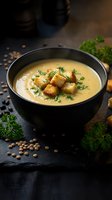 Creamy soup with golden croutons and fresh herbs in black bowl on dark slate surface with scattered lentils and parsley garnish for restaurant menu design.