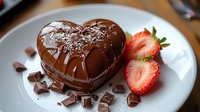 Heart shaped chocolate mousse dessert garnished with coconut flakes, served on white plate with fresh sliced strawberries and chocolate shavings.