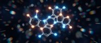 Glowing molecular structure with hexagonal bonds and luminous nodes on dark background with bokeh lights for scientific research presentations.