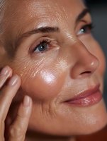 Close up portrait of middle-aged Caucasian woman with glowing hydrated skin, natural makeup, and tears rolling down cheeks showing genuine emotion and vulnerability.