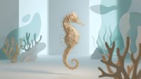 Golden seahorse swimming among coral reef silhouettes with soft aqua lighting creating peaceful underwater marine environment for relaxation designs.
