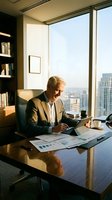 Mature male executive in business suit reviewing financial data on tablet at modern high-rise office desk with city skyline view, suitable for corporate, finance, and business leadership concepts.