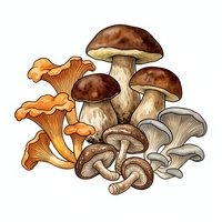 Assorted edible mushrooms including chanterelles, porcini, and button varieties isolated on white background for culinary and design use.