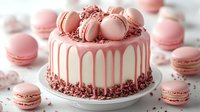 Pink drip cake topped with macarons and sprinkles surrounded by scattered macarons on white background for bakery dessert celebration design.