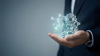 Businessman hand presenting glowing digital gears and network connections representing innovation, technology solutions, and business automation concepts.