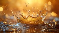 Majestic crown-shaped water splash with golden droplets against blurred bokeh background, capturing dynamic liquid motion in warm amber tones and crystalline detail.
