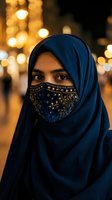 Young Middle Eastern woman wearing blue hijab and ornate face mask with golden city lights bokeh background for cultural diversity and modern lifestyle concepts.