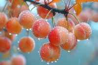Raindrops on ripe orange-red cherries hanging from branch with water droplets creating natural bokeh effect in soft blue background.