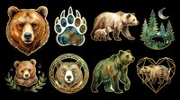 Grizzly bear head, paw print, brown bear, forest pine trees with moon, bear cub, ornamental bear face, dark green bear, bear pair in heart shape, isolated on transparent background, ready for t-shirt design, clipart, stickers, sublimation and print-on-demand products.