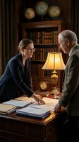 Middle-aged Caucasian woman wearing glasses and dark blazer discusses documents with senior Caucasian man in classic wood-paneled office with globe collection, bookshelves, and brass lamp.