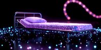 Glowing hospital bed with sparkling purple mattress surrounded by floating blue and pink light orbs against dark background, creating magical medical atmosphere.