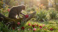 Tabby cat sitting on moss-covered log in spring garden with blooming pink tulips and daffodils during golden hour sunlight creating peaceful outdoor scene.