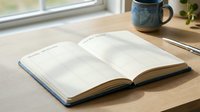 Open planner notebook on wooden desk with coffee mug and plant creating productive workspace atmosphere for planning and organization goals.