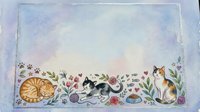 Watercolor cats border frame with floral elements and hearts on pastel background for greeting cards, invitations and decorative projects.