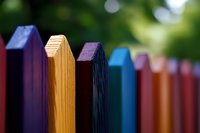 Colorful wooden fence posts in vibrant hues creating decorative garden boundary with natural green foliage background for outdoor landscaping projects.
