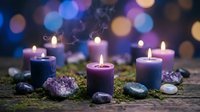 Aromatherapy candles with healing crystals and moss create peaceful spa atmosphere with colorful bokeh lights for meditation and wellness rituals.
