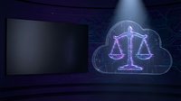 Digital cloud computing legal services with glowing scales of justice hologram and laptop computer for law firm technology solutions and online legal consultation.
