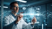 Professional male scientist with glasses interacting with futuristic holographic interface displaying data analytics and digital technology in modern laboratory.