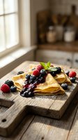 Delicious crepes with fresh berries and jam on rustic wooden board in cozy kitchen setting for breakfast menu and culinary content.