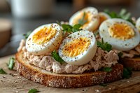 Tuna salad sandwich on whole grain bread topped with sliced boiled eggs and fresh herbs, close up view with selective focus on rustic wooden surface.