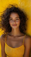Young mixed race woman with natural curly hair smiling against vibrant yellow wall. Wearing matching yellow tank top. Fresh summer beauty and fashion portrait.