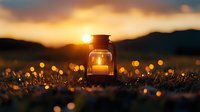 Glowing lantern with candlelight in grass field during golden sunset, silhouetted mountains and bokeh lights create magical atmospheric scene.