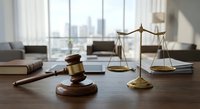 Professional law office desk with wooden gavel, brass scales of justice, legal documents and city skyline view through modern windows for legal services.