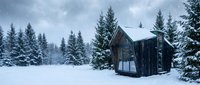Isolated dark wooden cabin surrounded by snow-covered evergreen forest in winter landscape, suitable for holiday and nature design projects.