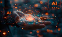 Futuristic digital transformation concept showing hand holding glowing artificial intelligence circuit with orange light particles perfect for tech innovation designs.