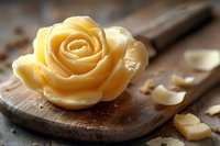 Delicate yellow rose carved from butter on rustic wooden cutting board with scattered butter shavings, showcasing culinary artistry and food decoration skills.
