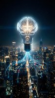 Glowing light bulb with human brain inside floats over illuminated night city, connected by blue energy lines, symbolizing smart urban innovation.