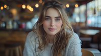 Young Caucasian woman with natural makeup and blonde wavy hair wearing cozy knit sweater smiles warmly in cafe setting with soft bokeh lights creating intimate atmosphere.