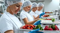 Female food service workers in protective gear preparing fresh produce and ingredients in commercial kitchen. Focus on strawberries and vegetables in foreground.
