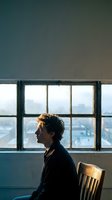 Young man in profile sitting by large window with city view in moody natural lighting for contemplative lifestyle and mental health concepts.