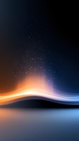 Abstract cosmic landscape with glowing orange and purple light waves flowing over dark horizon, sparkling stars scattered in night sky creating magical atmosphere.