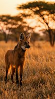 Wild jackal standing in golden savanna grassland during warm sunset with acacia trees in background creating atmospheric wildlife scene for nature photography.