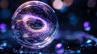 Magical galaxy spiral captured in glass sphere with purple and blue bokeh background, creating cosmic ethereal atmosphere for mystical concept designs.