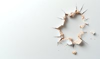 Cracked hole in white wall with rough edges and falling debris, creating dramatic effect on light background. Suitable for construction and renovation concepts.