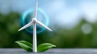 Wind turbine with glowing blue energy circle and green leaves, symbolizing renewable energy and environmental sustainability on blurred natural background.
