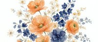 Watercolor floral bouquet with orange poppies, blue delphiniums and ranunculus flowers on white background. Botanical illustration for wedding invitations.
