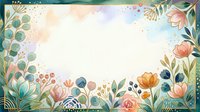 Watercolor floral frame with pastel flowers, green leaves, and gold accents on a soft background, perfect for greeting cards and invitations.