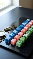 Colorful homemade sugar cubes arranged on dark slate board with vintage spoons and coffee beans for gourmet beverage preparation and kitchen styling.