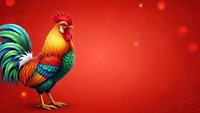 Colorful rooster with vibrant plumage standing on red background with bokeh lights for Chinese New Year celebration and festive holiday designs.