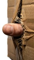 Human finger poking through torn brown fabric or worn material, showing damage and deterioration. Suitable for concepts of wear, decay, poverty, or textile damage.