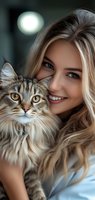 Young woman with blonde hair holding fluffy tabby cat with amber eyes. Close-up portrait showing bond between pet and owner in soft indoor lighting.