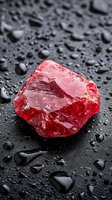 Raw red crystal mineral on wet black surface with water drops. Natural gemstone specimen showing rough crystalline structure and translucent properties in macro photography.