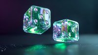 Glowing translucent dice with bubbles floating in green liquid against dark background. Magical gaming elements create mysterious atmosphere for fantasy and gaming designs.