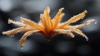 Orange flower petals with morning dew drops against dark blurred background. Macro photography captures delicate water droplets on wilted blossom creating atmospheric nature scene.